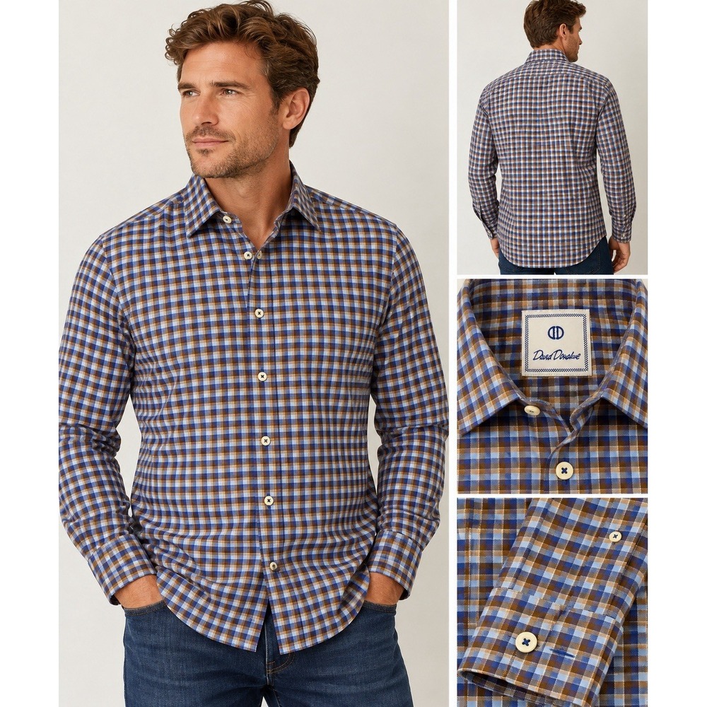 David Donahue Mens M Sport Shirt Blue Brown Plaid Check 100% Cotton Button Up
